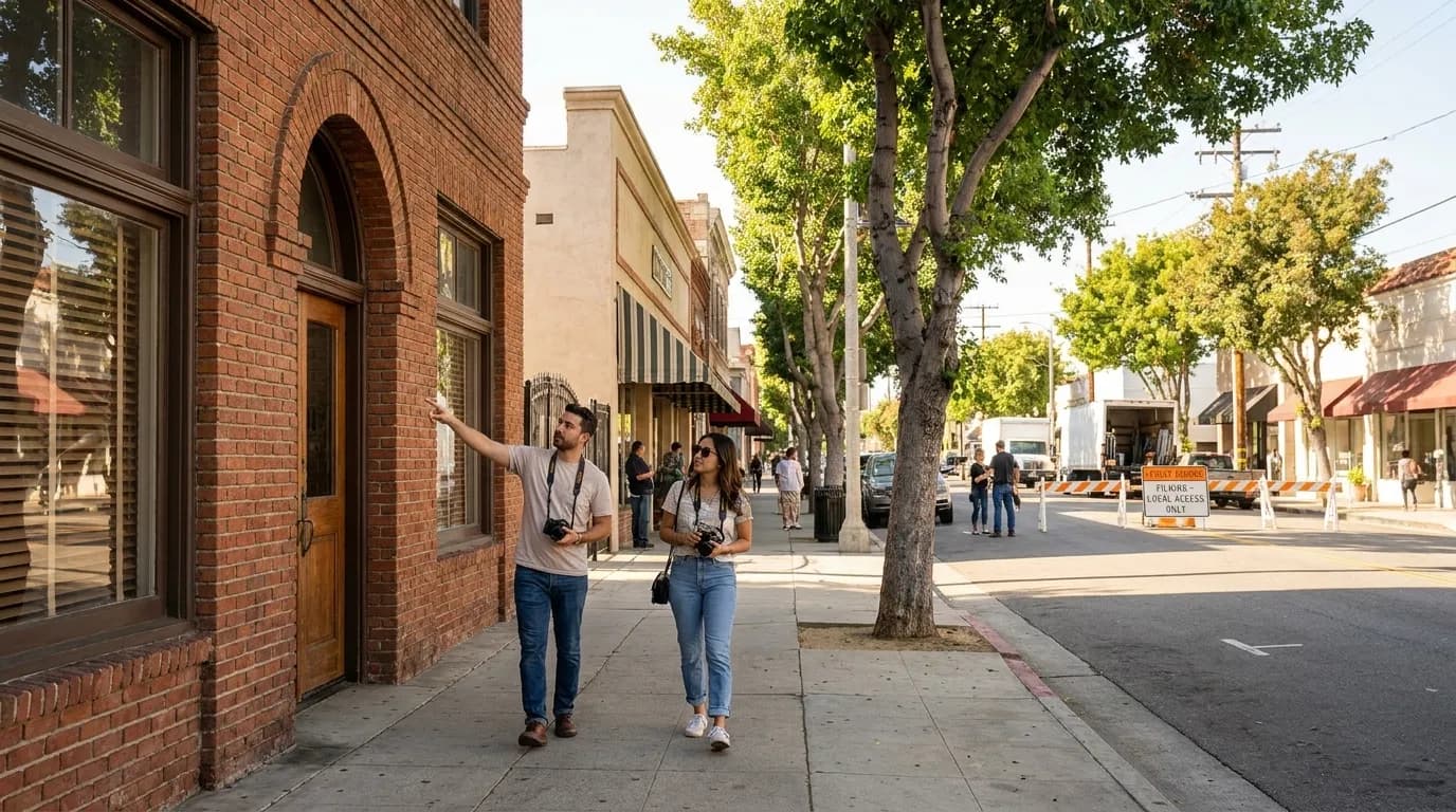 Historic storefronts and tree-lined residential streets in Culver City Los Angeles with period architecture