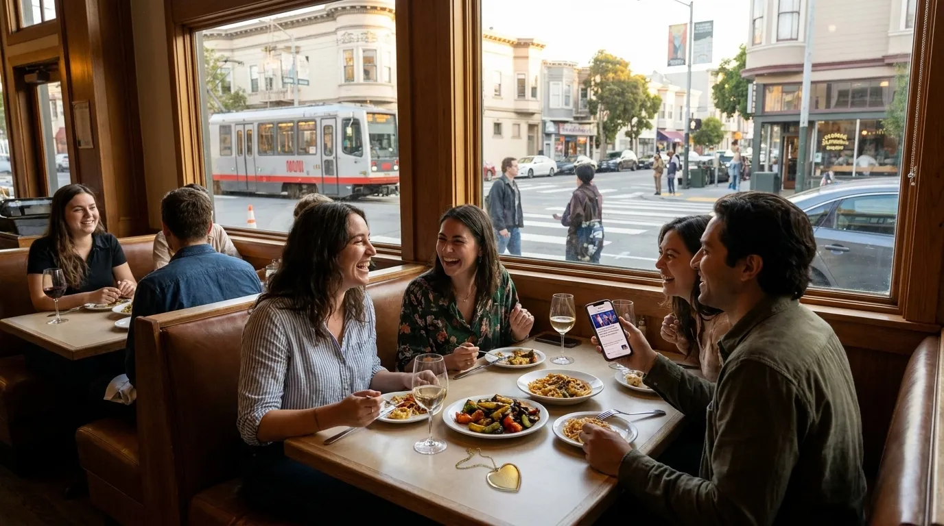 Group of friends sharing dinner at a booth in a San Francisco restaurant with warm lighting and comfortable seating