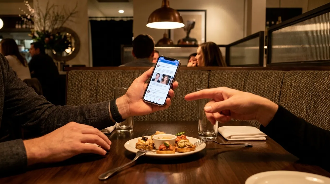Friends gathered around a restaurant table with shared plates and drinks in a warmly lit San Francisco dining room