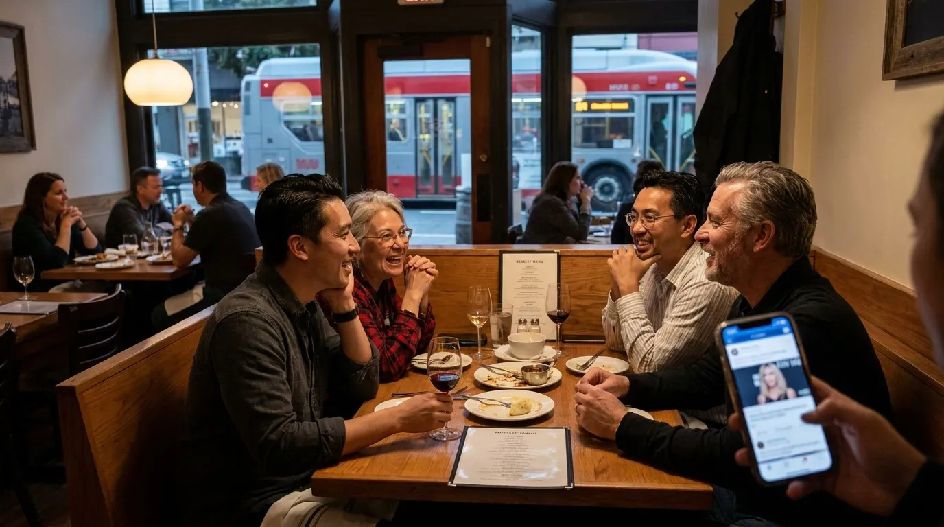 Cozy restaurant booth with ambient lighting and table set for a group dinner in San Francisco