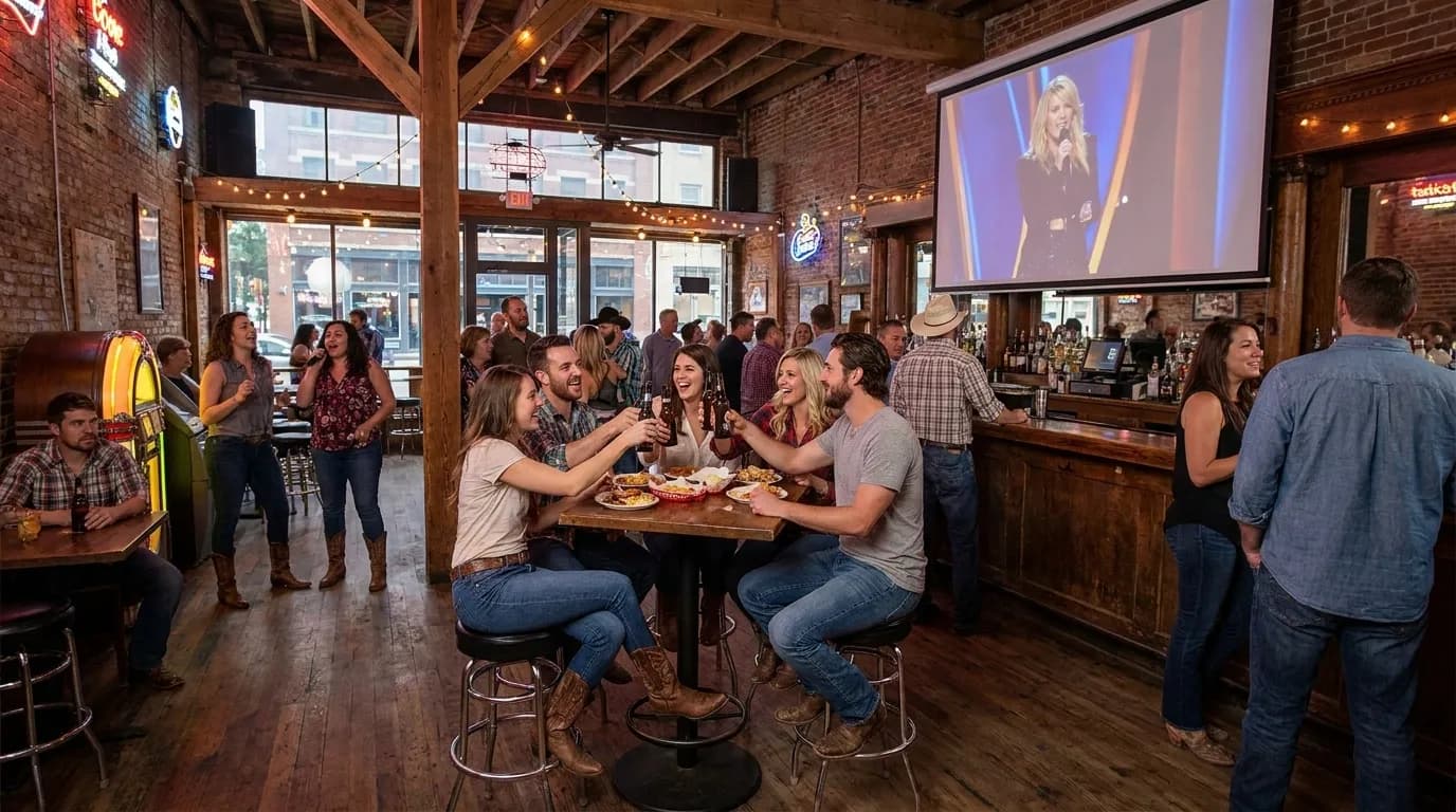 Country music fans watching award show on large screen in Los Angeles honky-tonk bar