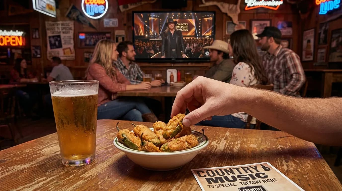 Group of friends toasting drinks at country bar table with large screen showing award show