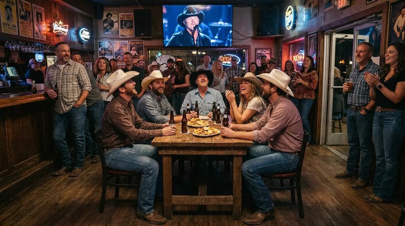 Honky-tonk bar interior with neon signs, large television screen, and country music decor
