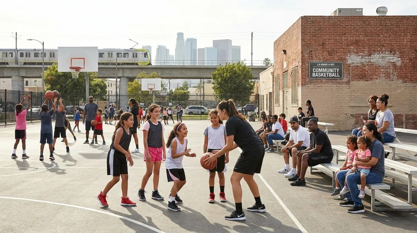 Youth basketball players practicing dribbling drills at a Los Angeles recreation center court