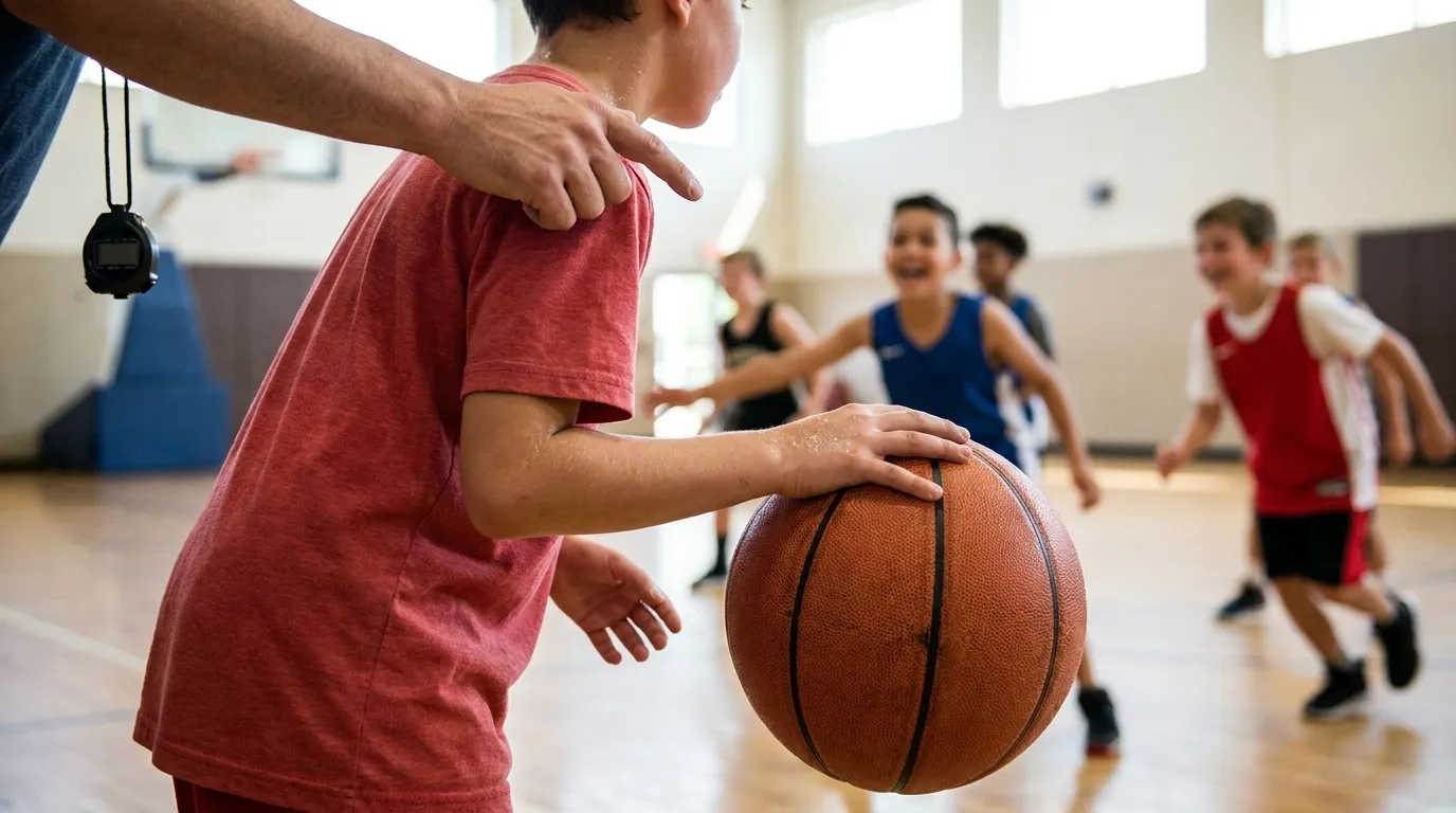 Young basketball players listening to coach instructions during a clinic at an outdoor Los Angeles rec center court