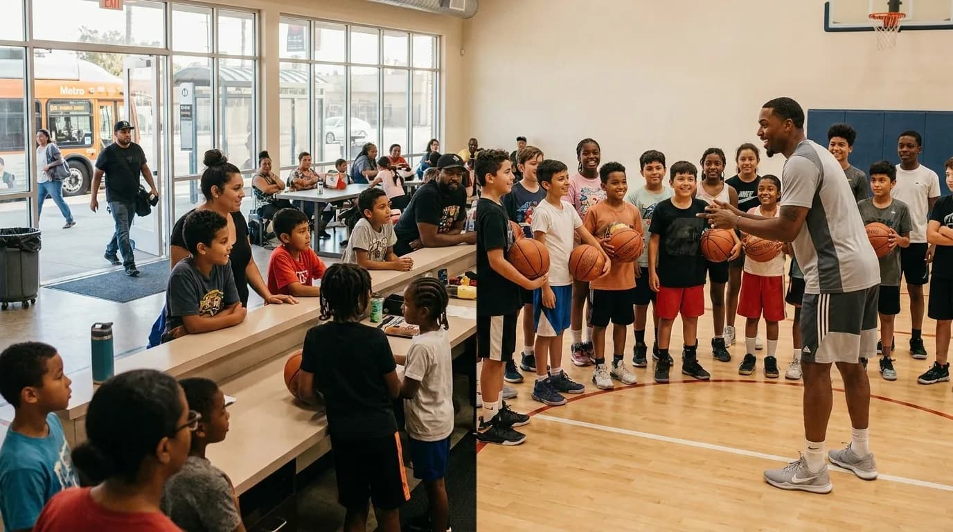 Diverse group of children practicing basketball shooting drills with coach supervision at a Los Angeles recreation facility