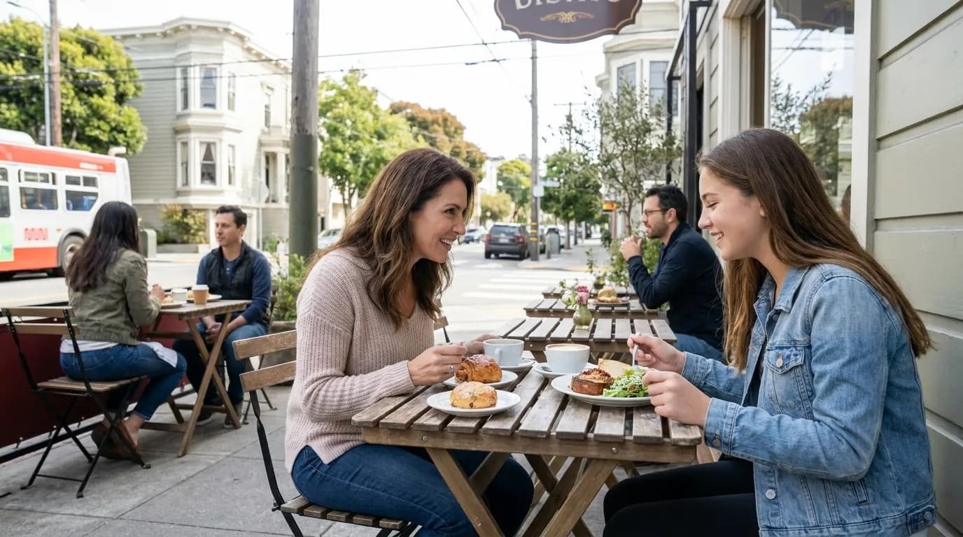 Elegant brunch table set for two near a window in a quiet San Francisco restaurant