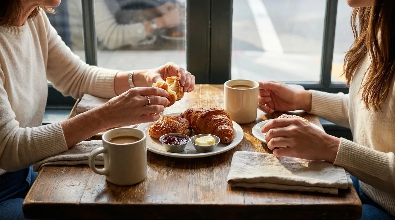 Two coffee cups and pastries on a small table in a sunlit San Francisco cafe