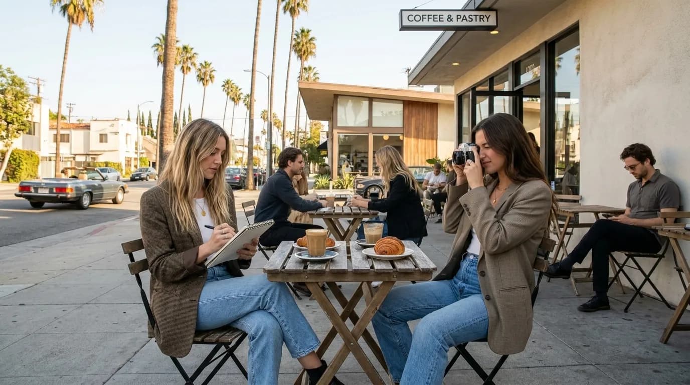 Minimalist coffee shop interior with specialty drinks and European-style pastries in Los Angeles
