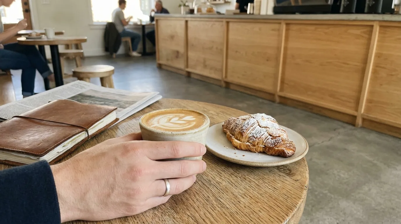 Specialty coffee and European-style pastry display in a minimalist Los Angeles café