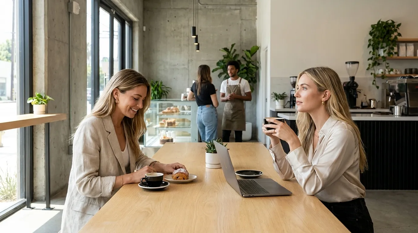 Quiet afternoon scene inside a Los Angeles café popular with creative professionals