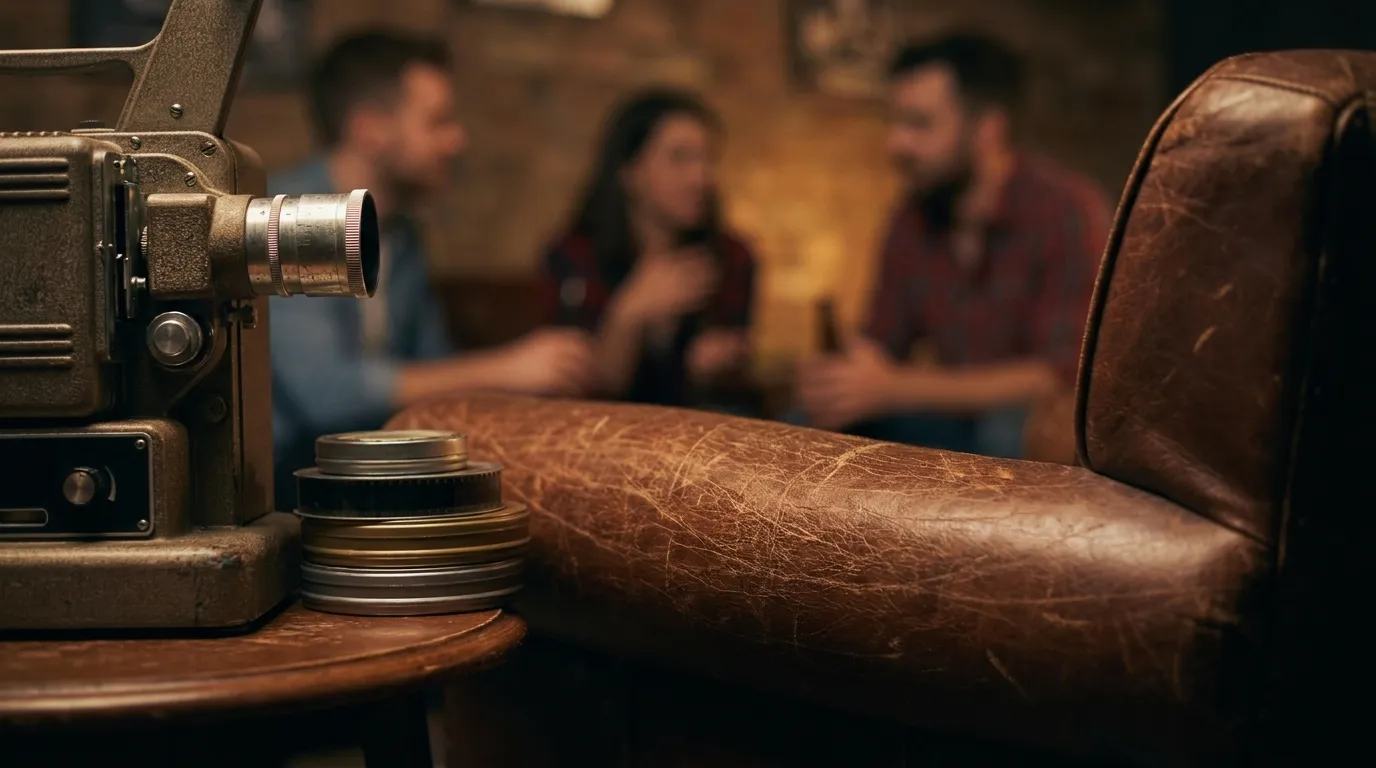 Group of friends seated at bar table engaged in animated conversation with cocktails