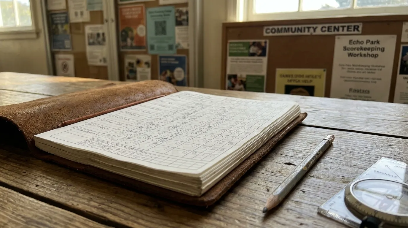 Close-up of hands filling out baseball scorecard during live game with pencil and eraser