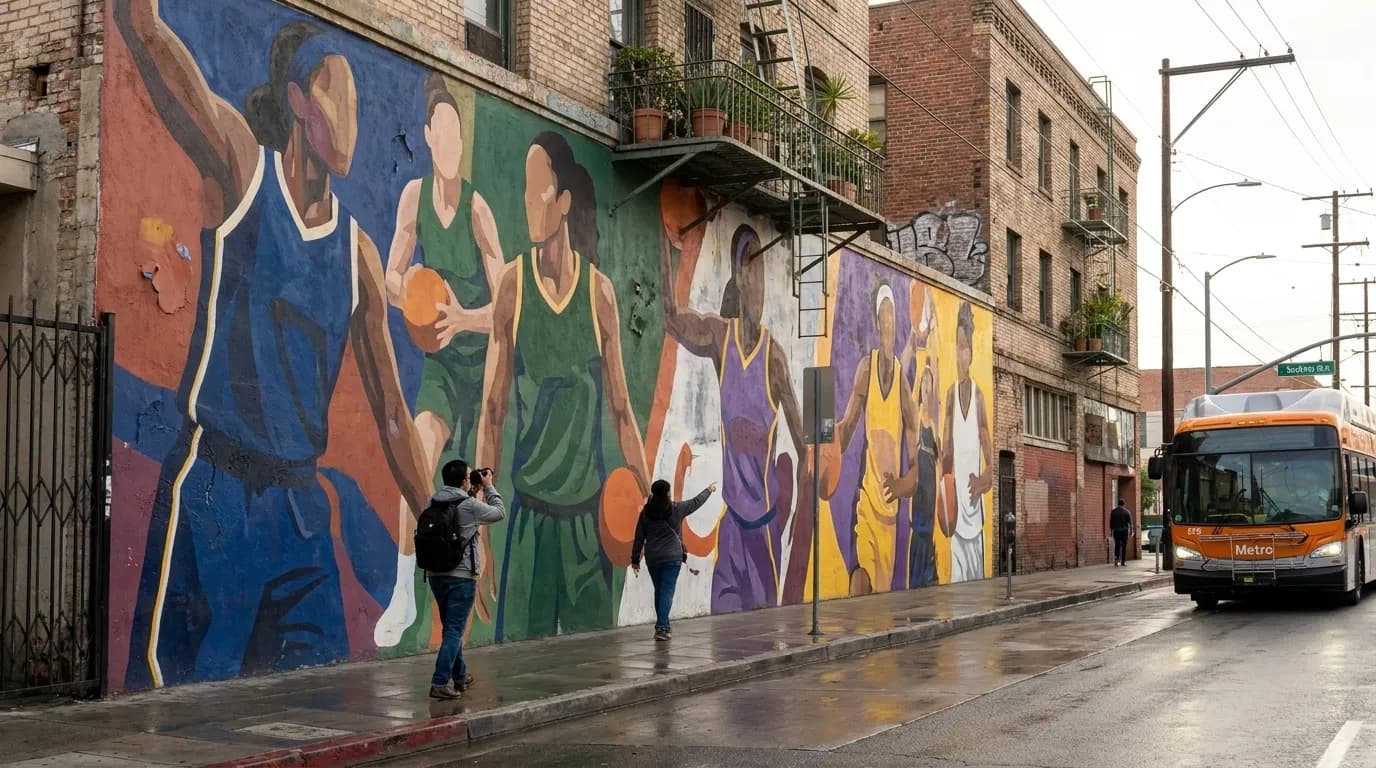 Colorful basketball-themed street mural in Los Angeles Arts District with WNBA imagery