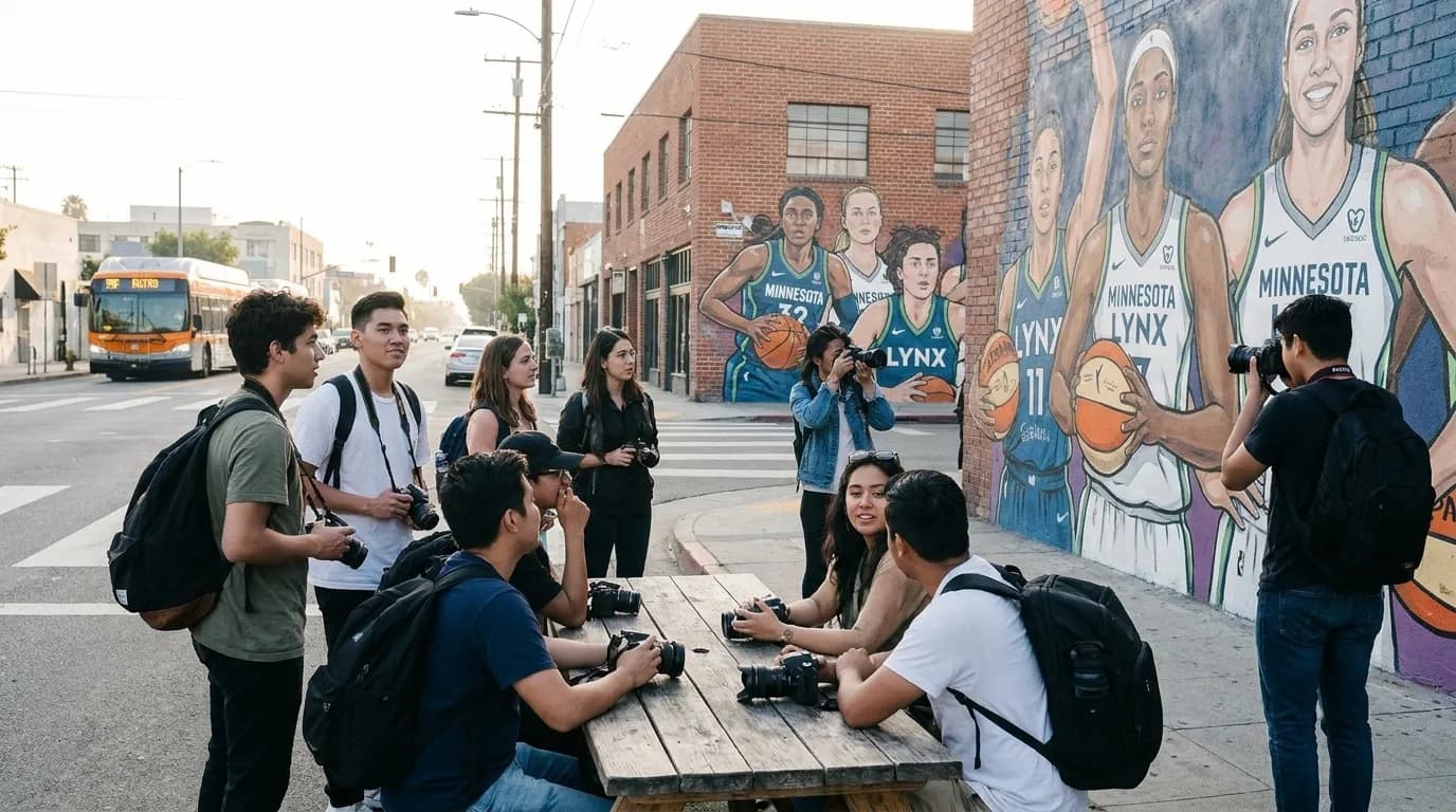 Photographer capturing basketball mural on building wall in Los Angeles with camera equipment