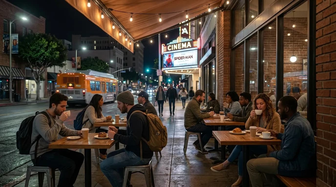 Coffee cup and dessert plate on café table near Los Angeles movie theater district