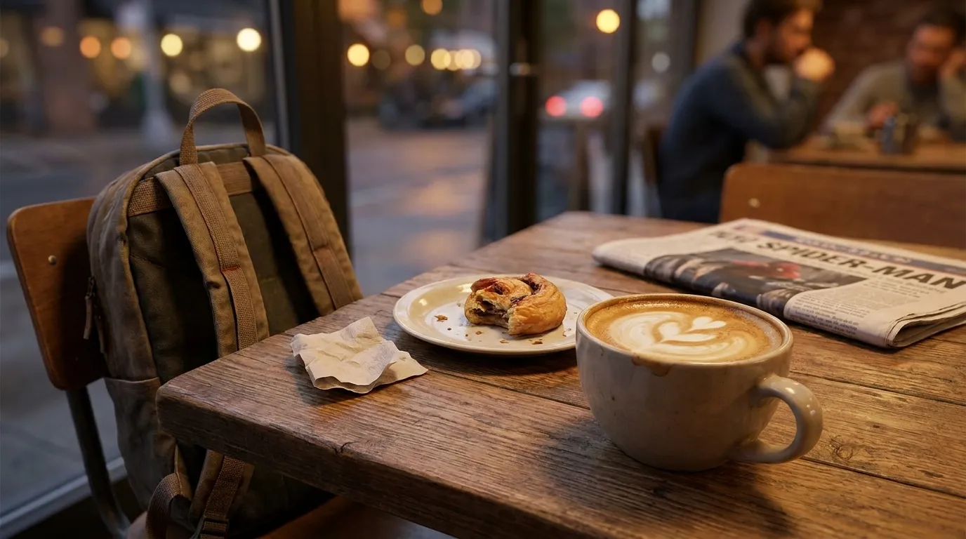 Moviegoer with coffee and pastry at café table near Los Angeles theater