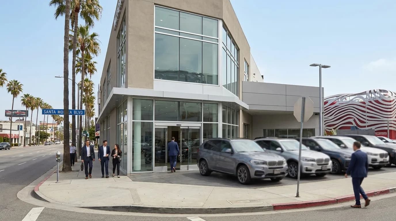 Luxury automotive showroom floor with premium SUVs on display in Los Angeles