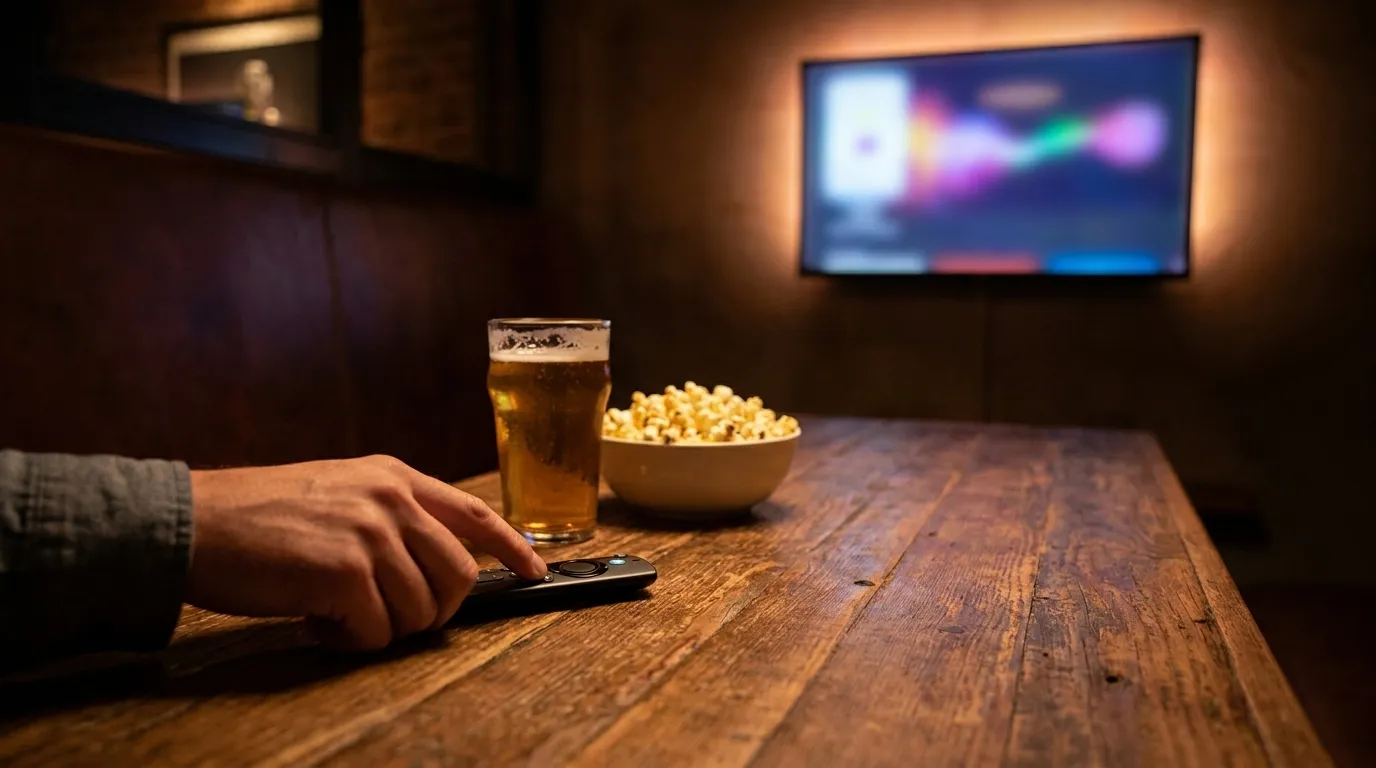 Large television screen mounted in corner of San Francisco neighborhood bar with booth seating