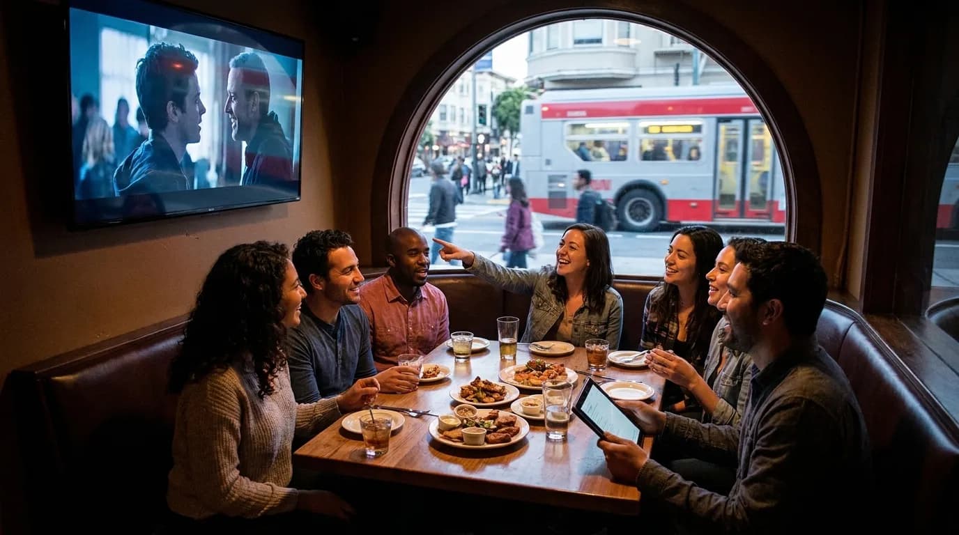 Friends sharing appetizers and drinks at communal table in San Francisco bar with screen visible in background