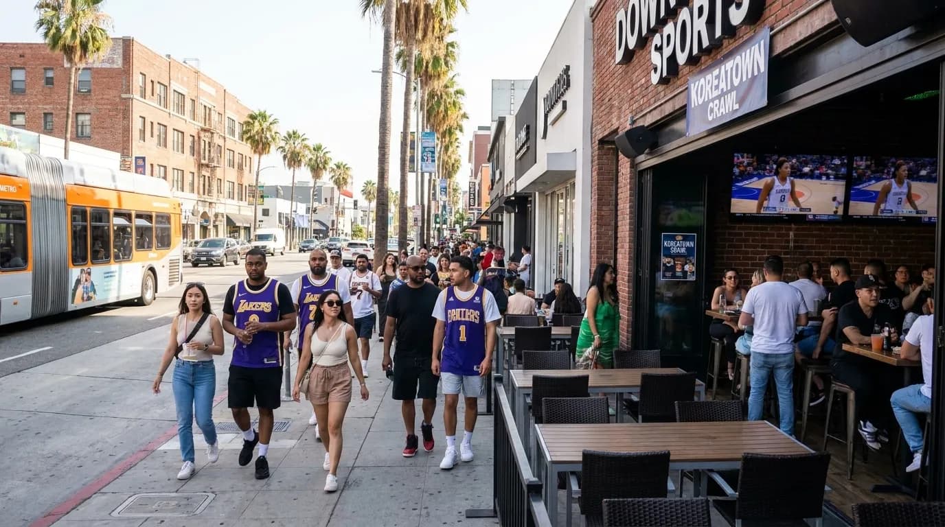 Sports fans watching WNBA game on large screens in Los Angeles sports bar