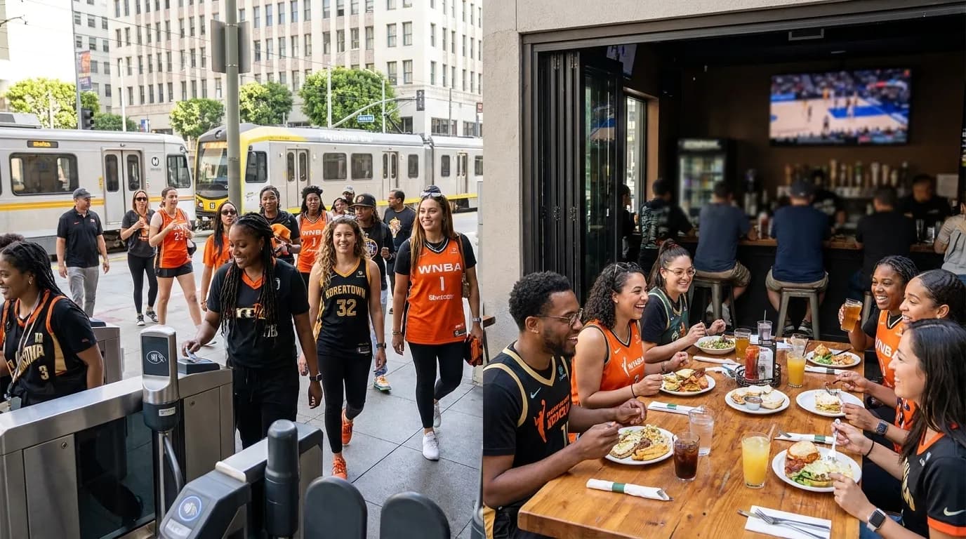 Group of friends toasting drinks while watching WNBA game in Koreatown sports bar