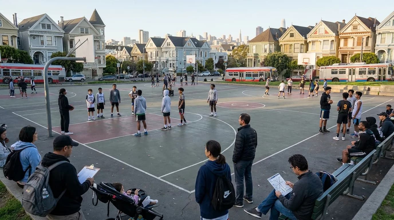 Basketball court in San Francisco with youth players practicing during back-to-school season