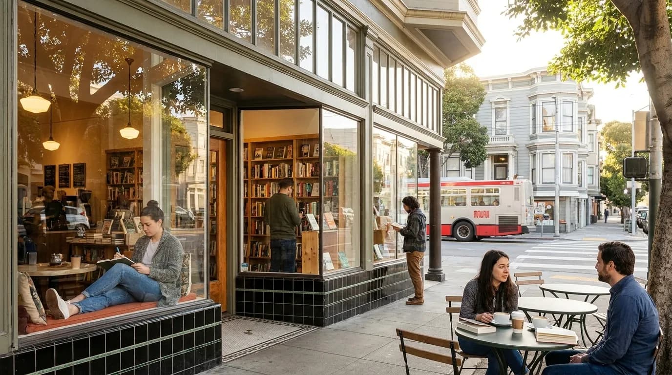 Cozy bookstore café interior with reading nooks and coffee counter in San Francisco