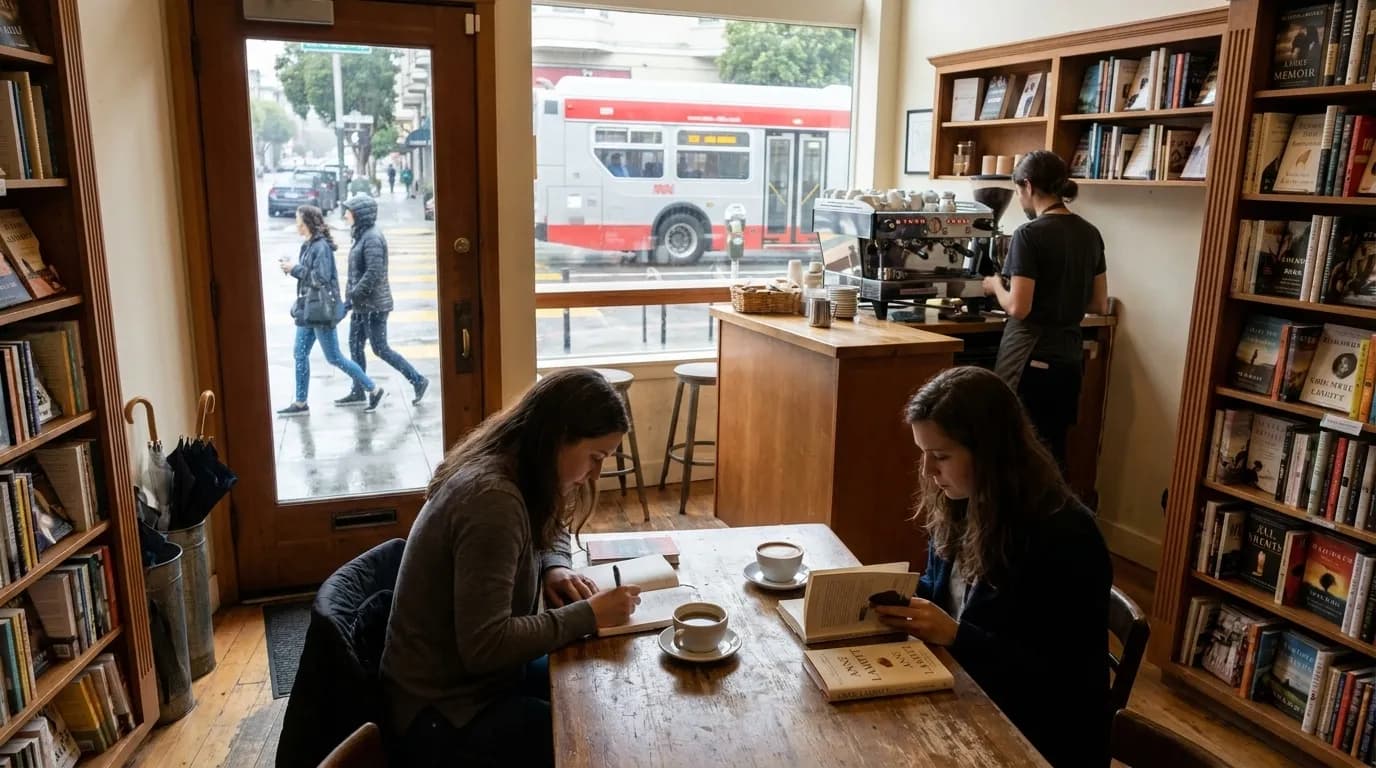 Quiet reading nook with armchair and bookshelves in San Francisco bookstore