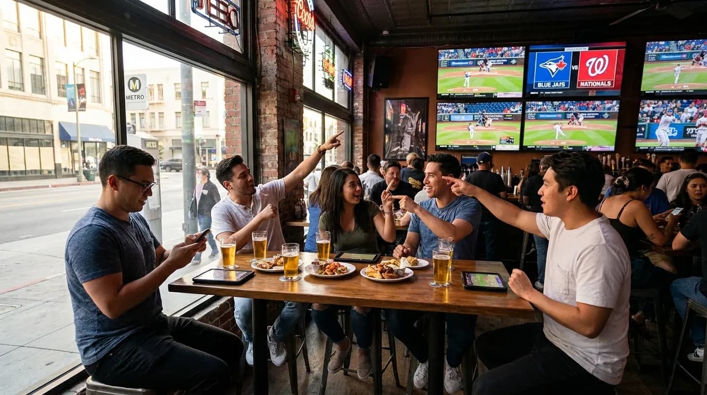 Sports bar interior with multiple screens showing baseball games in Los Angeles