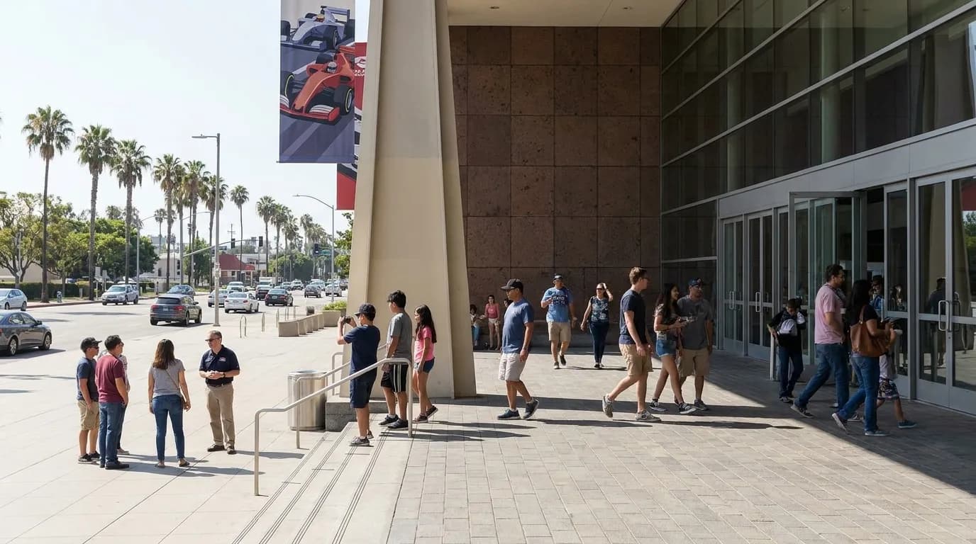 Vintage racing cars on display in Los Angeles automotive museum gallery