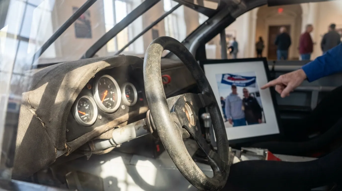 Families viewing classic American automobiles in bright museum gallery space