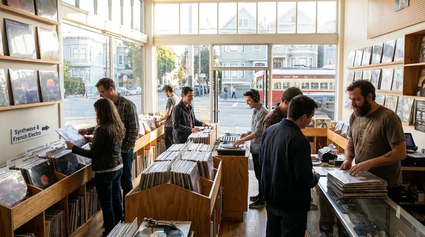 Vinyl records displayed at a San Francisco record store with listening station turntables