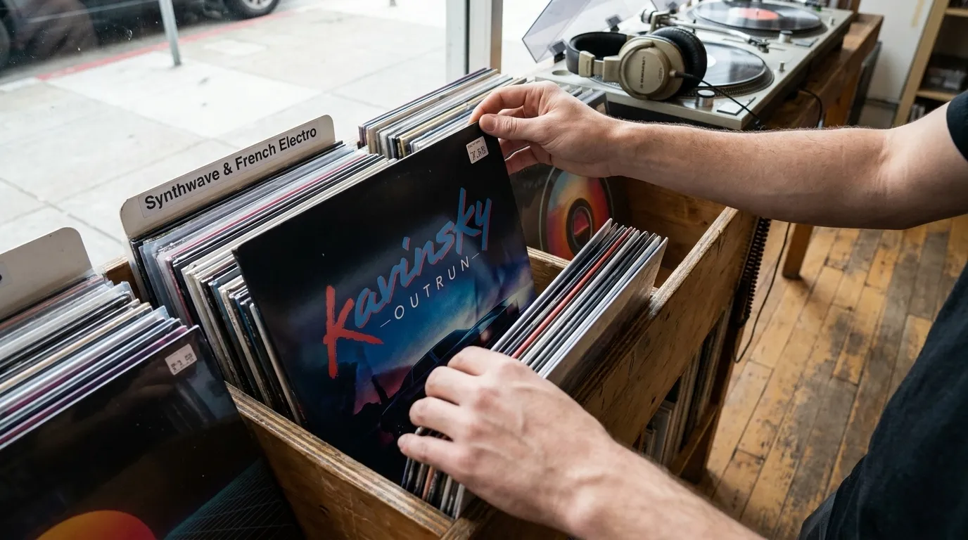 Close-up of synthwave and electronic music vinyl records in store bins