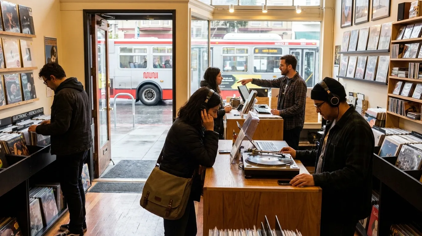 Record store interior showing electronic music section with browsing customers