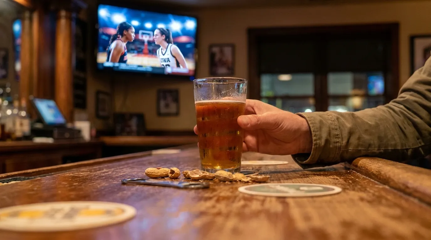 Group of friends watching WNBA game on large screen in San Francisco sports bar