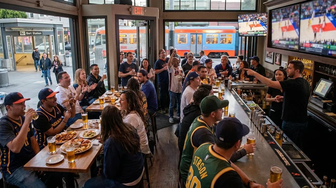 San Francisco sports bar with multiple screens and group seating area
