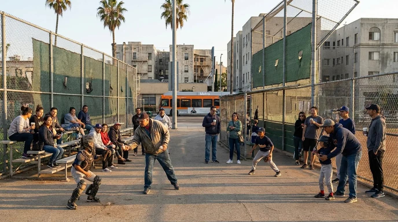 Baseball catcher training drill at Los Angeles neighborhood recreation center