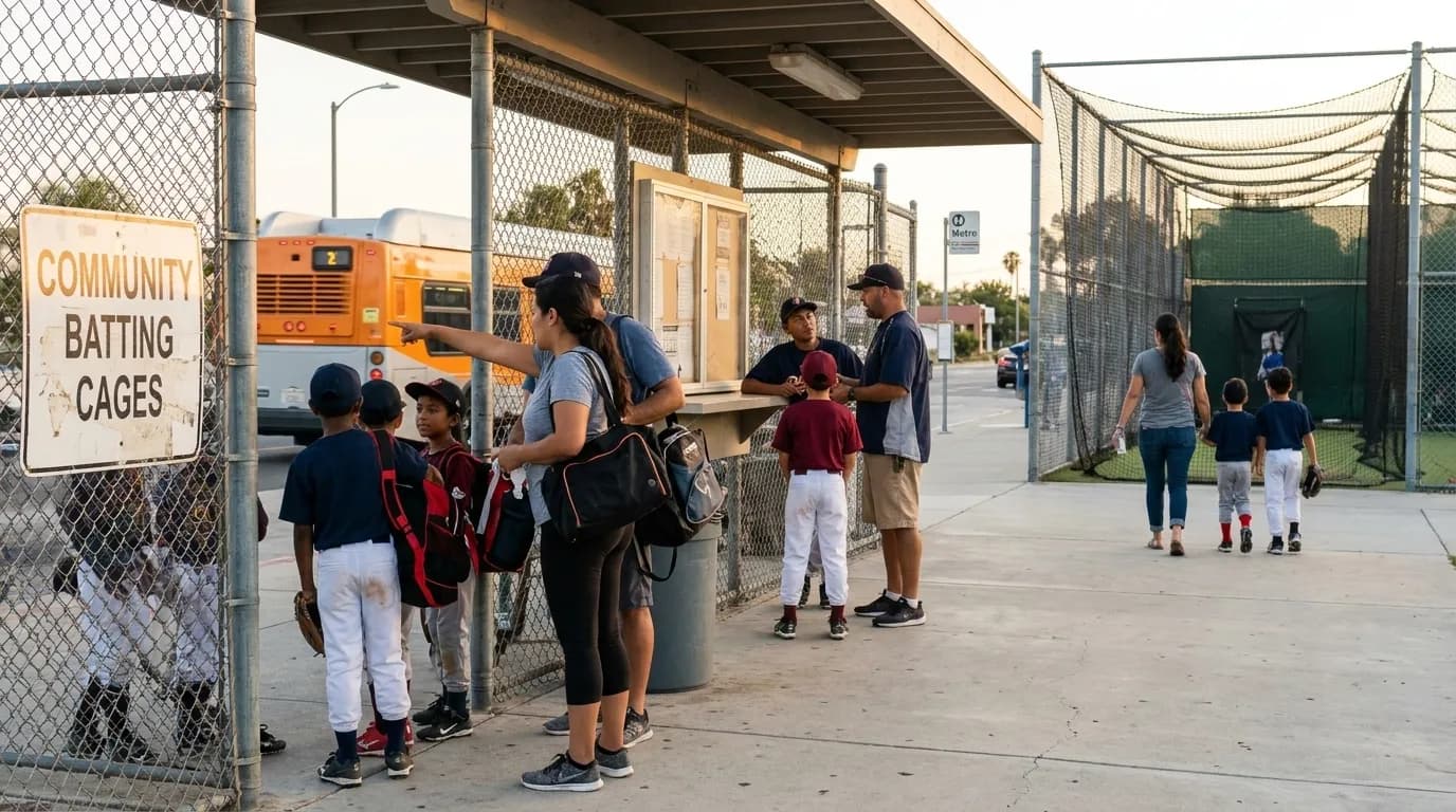 Baseball batting cage facility in Los Angeles neighborhood with practice equipment