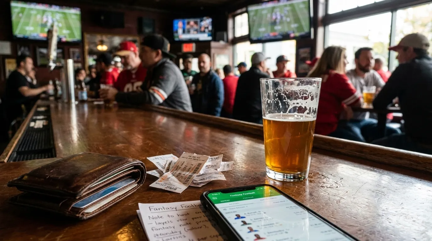 Group of friends watching NFL game on multiple screens in San Francisco sports bar with craft beer taps