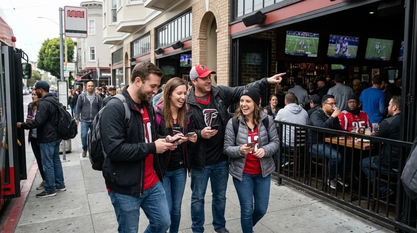 San Francisco Muni Metro train arriving at station with sports fans heading to game day bars