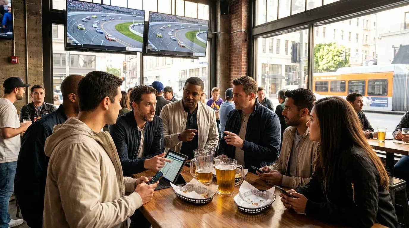 Large screen sports bar setup for NASCAR race viewing with multiple monitors