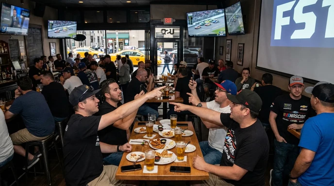 Sports bar interior with large screens showing NASCAR race broadcast and racing fans watching