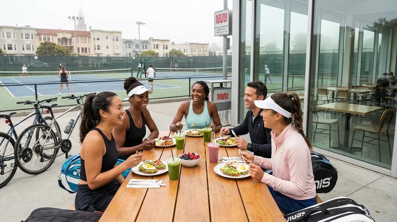 Fresh protein-forward brunch spread with juice on outdoor patio near San Francisco tennis courts