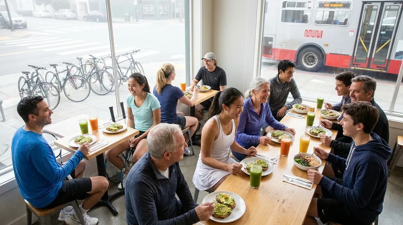 Group of tennis players reviewing match notes over protein bowls and fresh juice at San Francisco brunch table