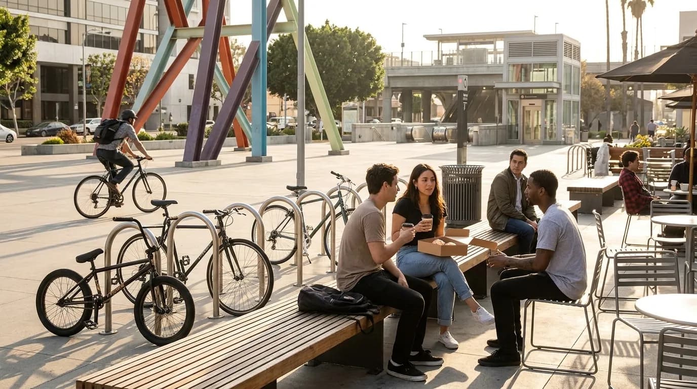 Bicycle parked near colorful public art mural in Los Angeles with outdoor cafe seating