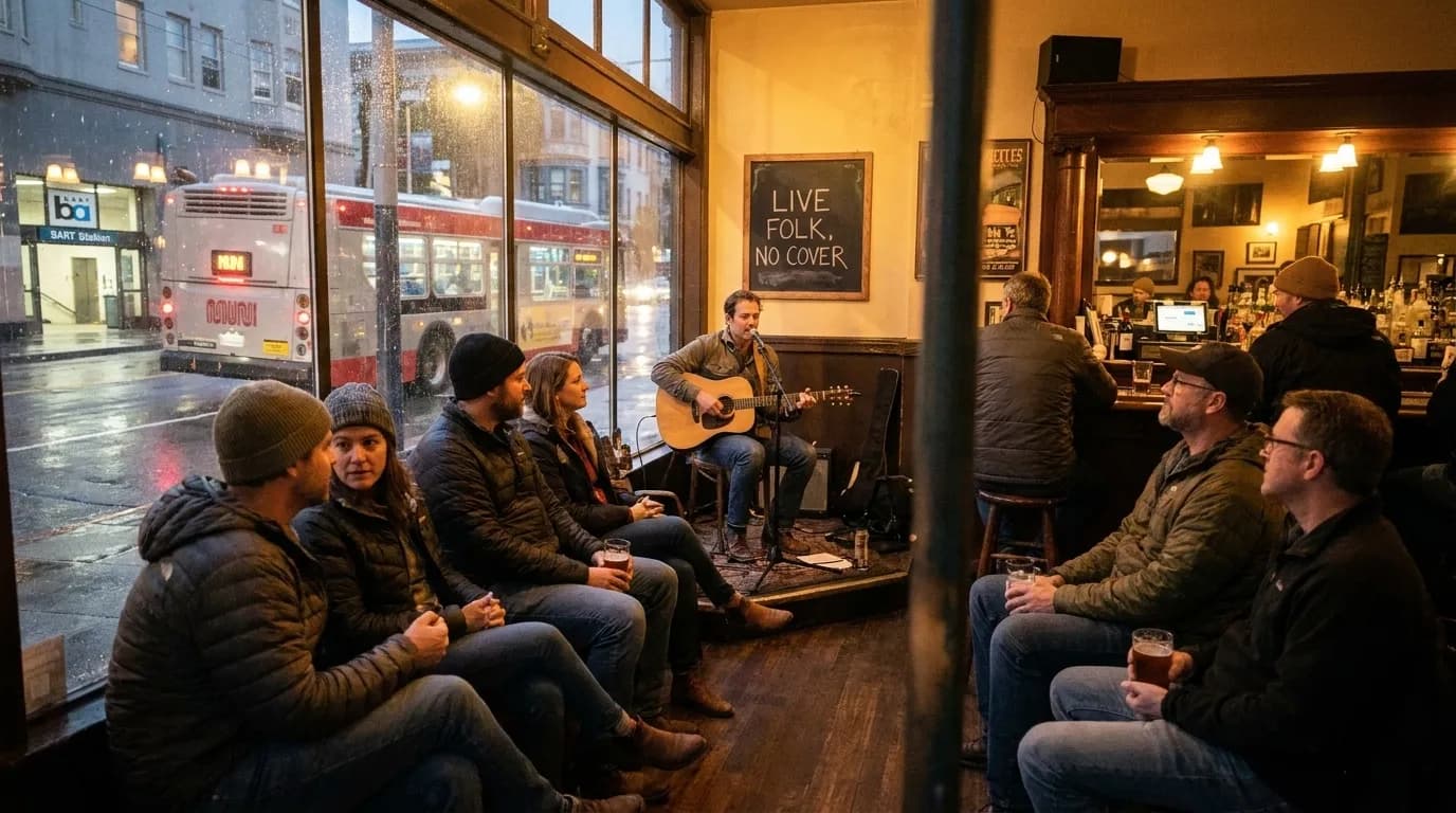 Intimate folk music bar with acoustic guitar performance and attentive audience in San Francisco