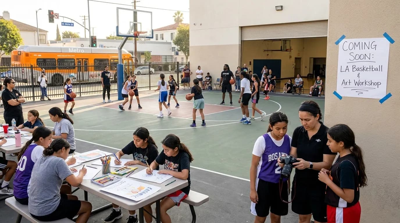 Young basketball players participating in creative workshop activities in Los Angeles community center
