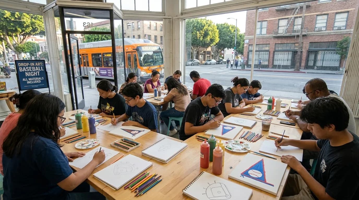 Baseball art supplies including paint brushes, colored pencils, and sketch paper arranged on a studio table in Los Angeles