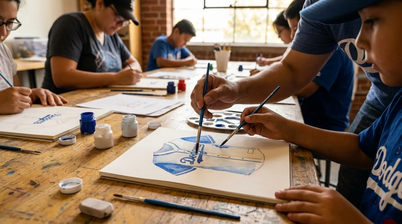 Artist sketching baseball jersey design at community workshop table with paint palettes and reference images